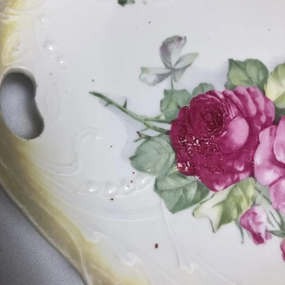 Antique Lehmann Arzberg Bavaria Hand Painted Pink Rose Cake Plate Embossed 10”
